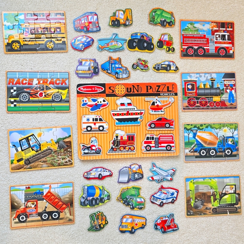 Melissa & Doug Wooden Construction Site & Vehicle Puzzles and Magnet Bundle